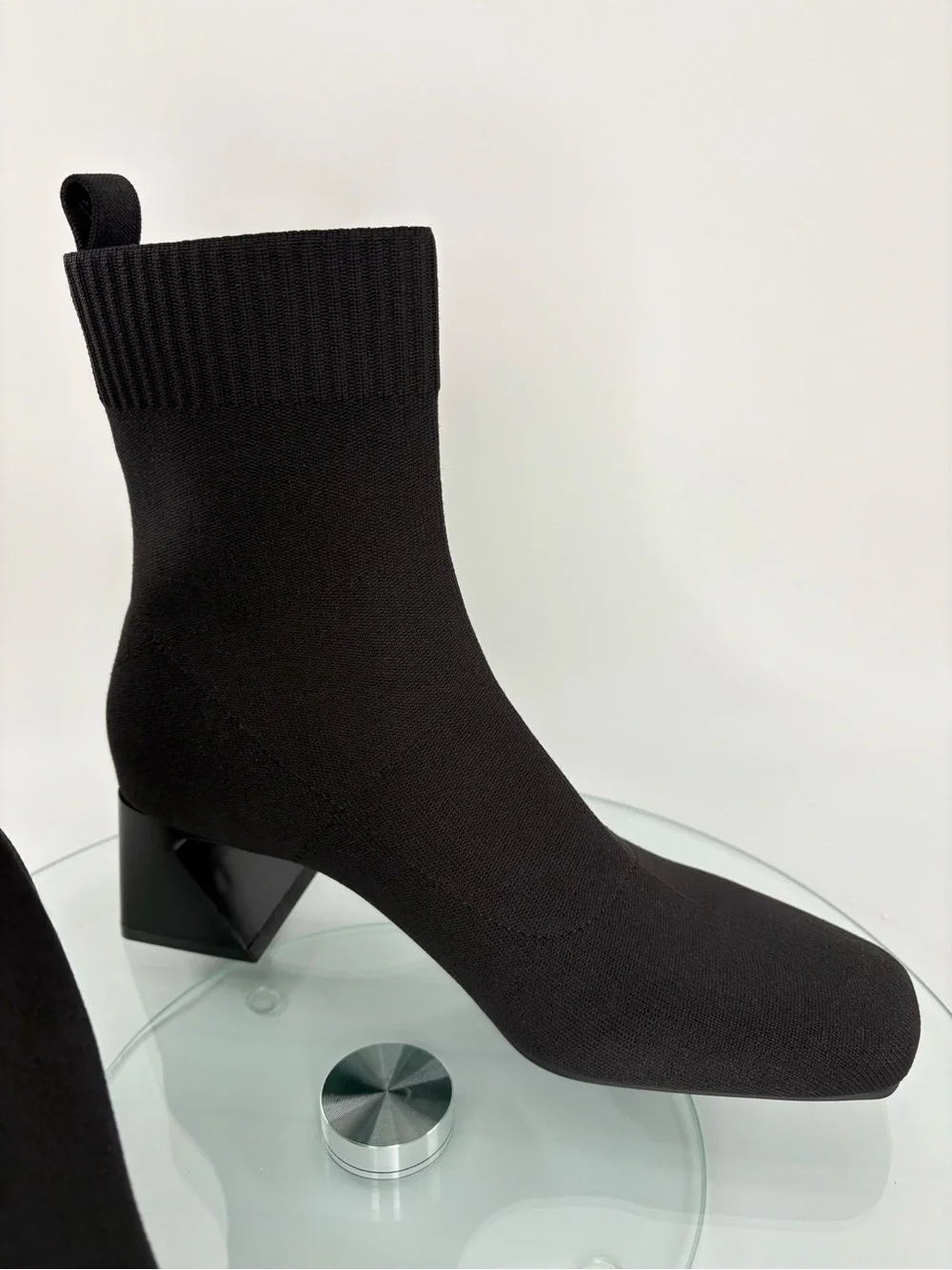 Vivaia Regina Pro Sock Ankle Boots Black Knit Square Toe Block Heel Size 38/7.5